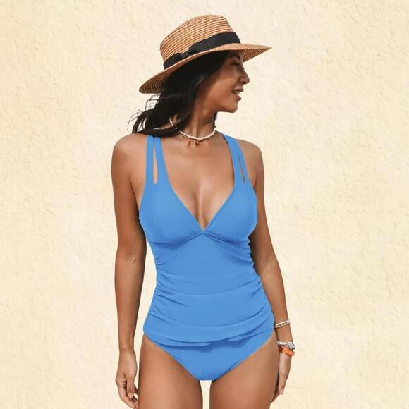 NWT Cupshe Ruched Front and Crisscross Back Tankini Set - Size Medium - Picture 1 of 2
